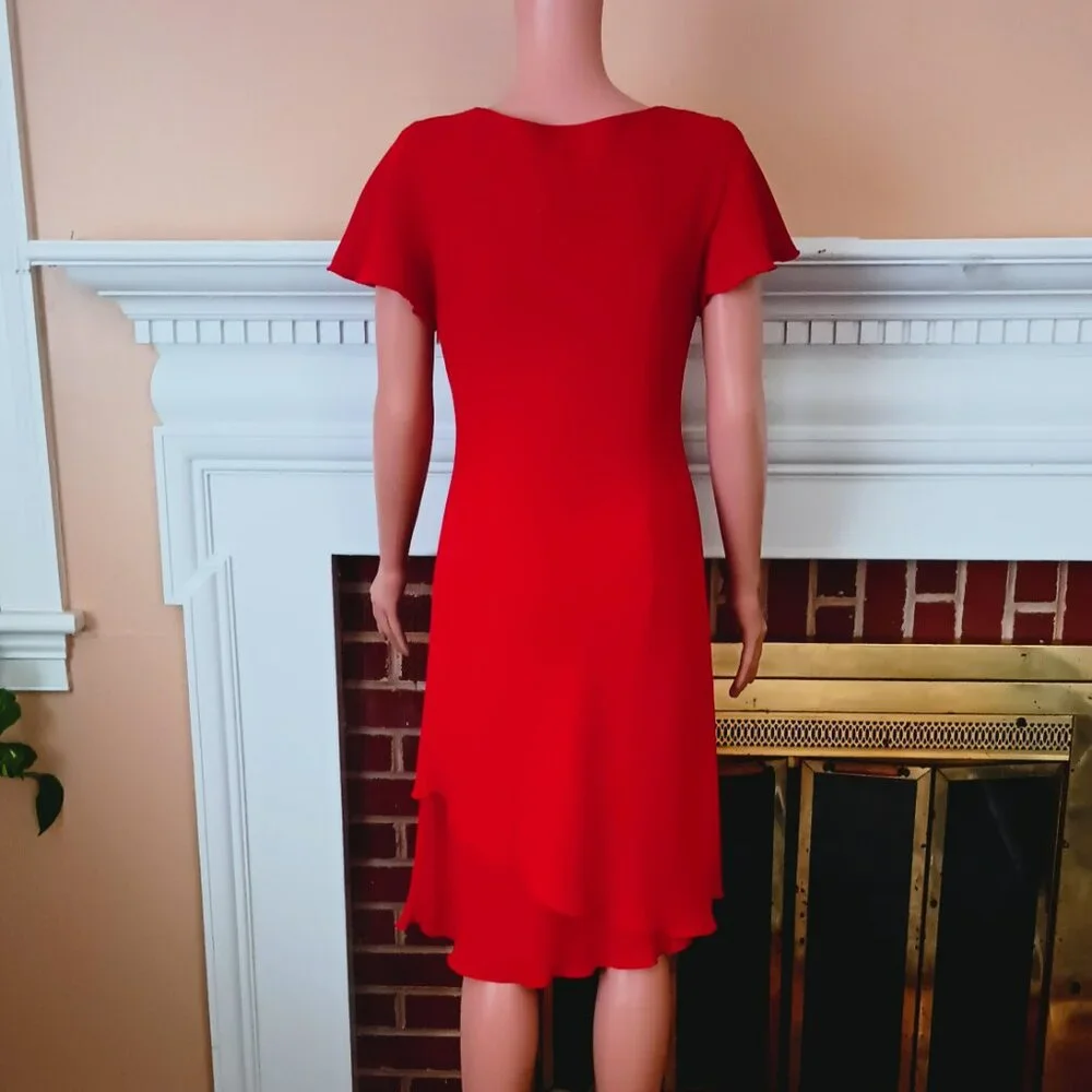 SL Fashion Vintage Red Layered Dress 8  V Neck Short Flutter Sleeve Fully Lined